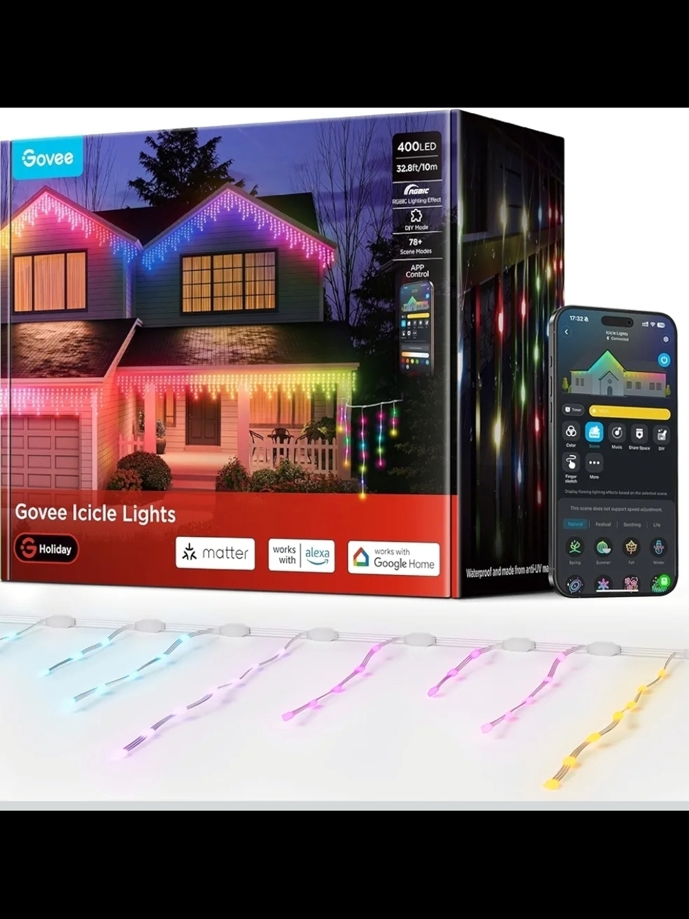 Govee Icicle Lights, Smart RGBIC Christmas Lights for Outside, 33Ft with 400 Led